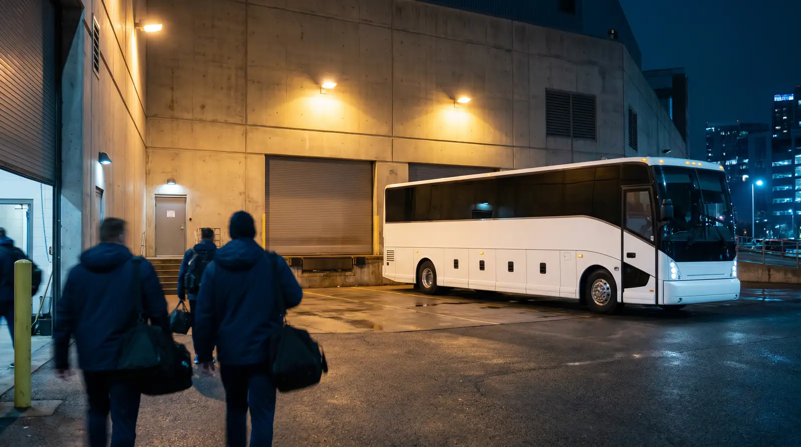 Coach bus parked outside an arena loading dock at night