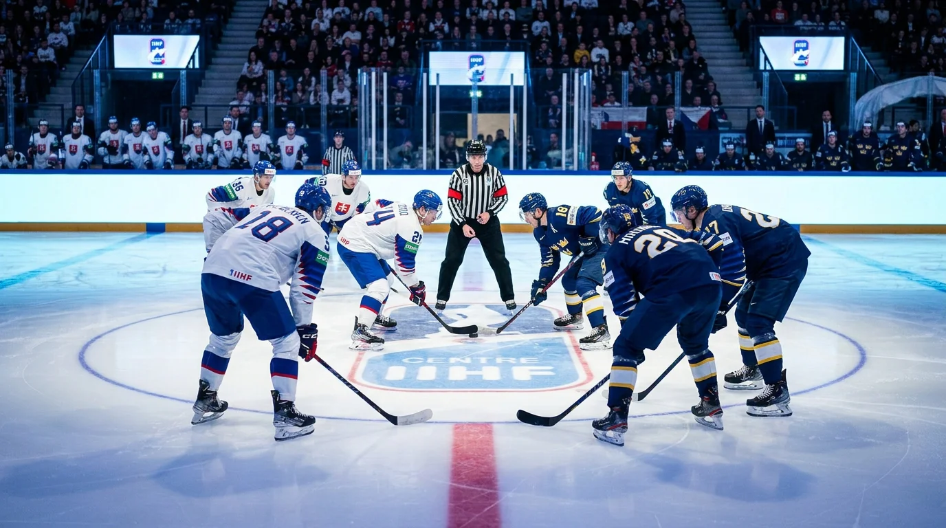 European ice hockey players gathered at centre ice for the opening face-off