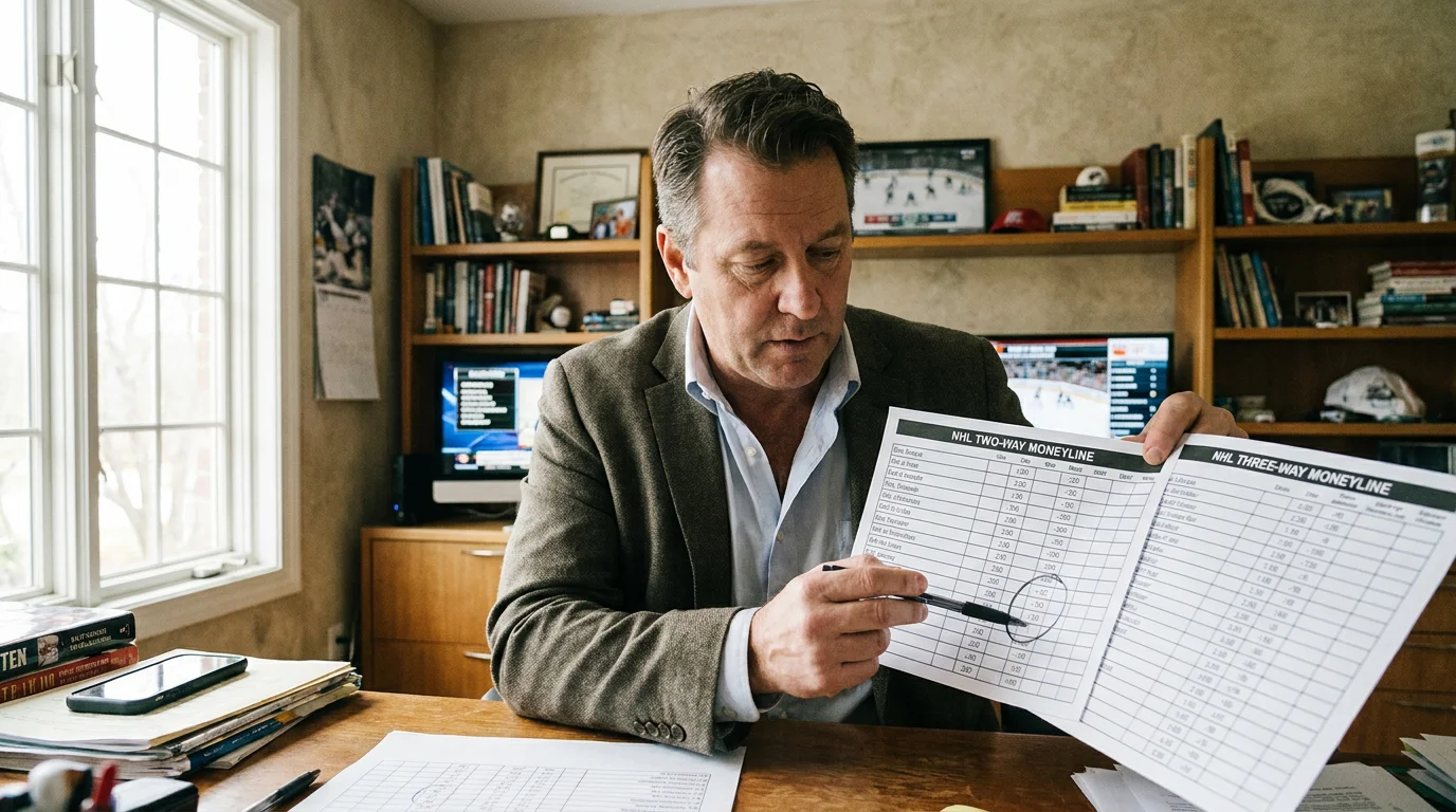 Analyst comparing two-way and three-way NHL moneyline prices on a printed sheet