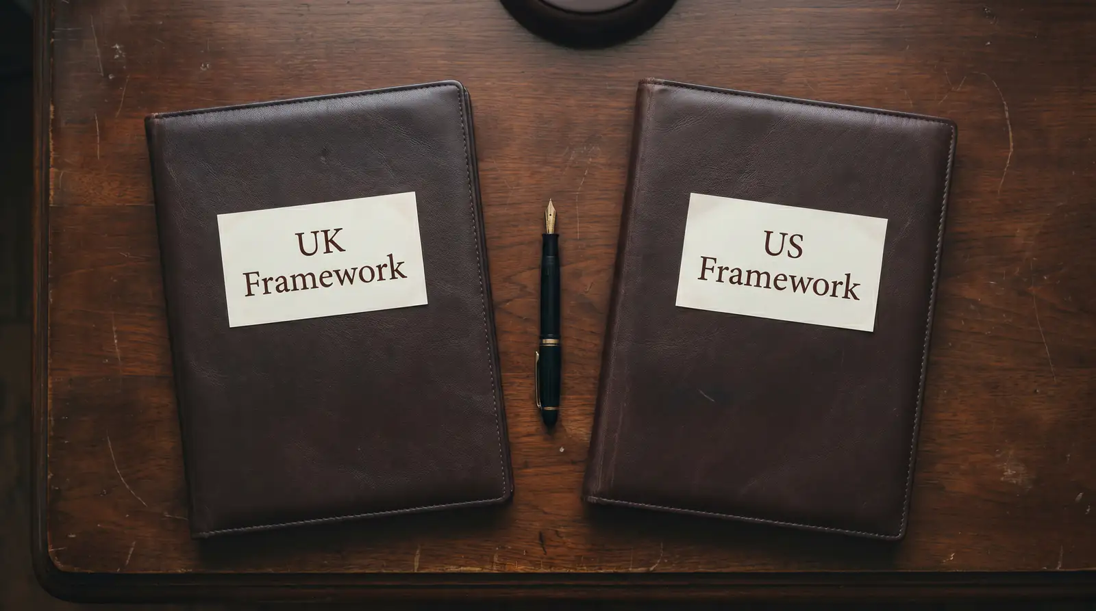 Two formal document folders side by side on a wooden desk