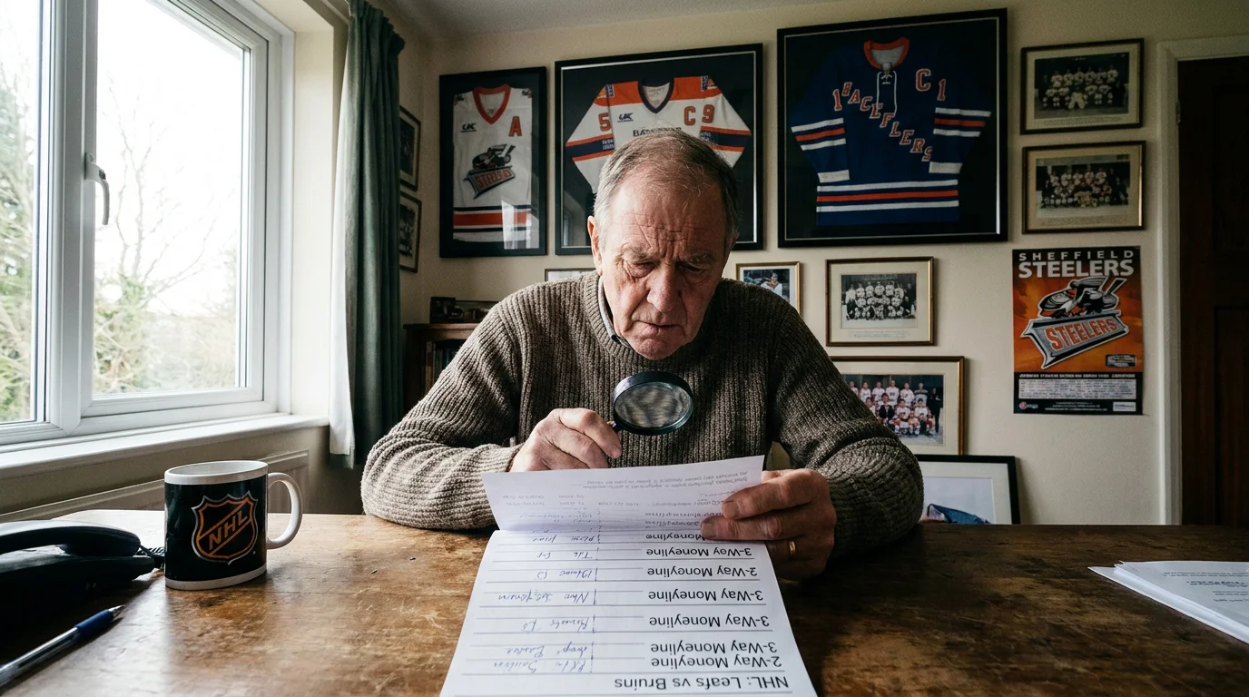 Punter studying a UK betting slip with two-way and three-way moneyline lines for an NHL game