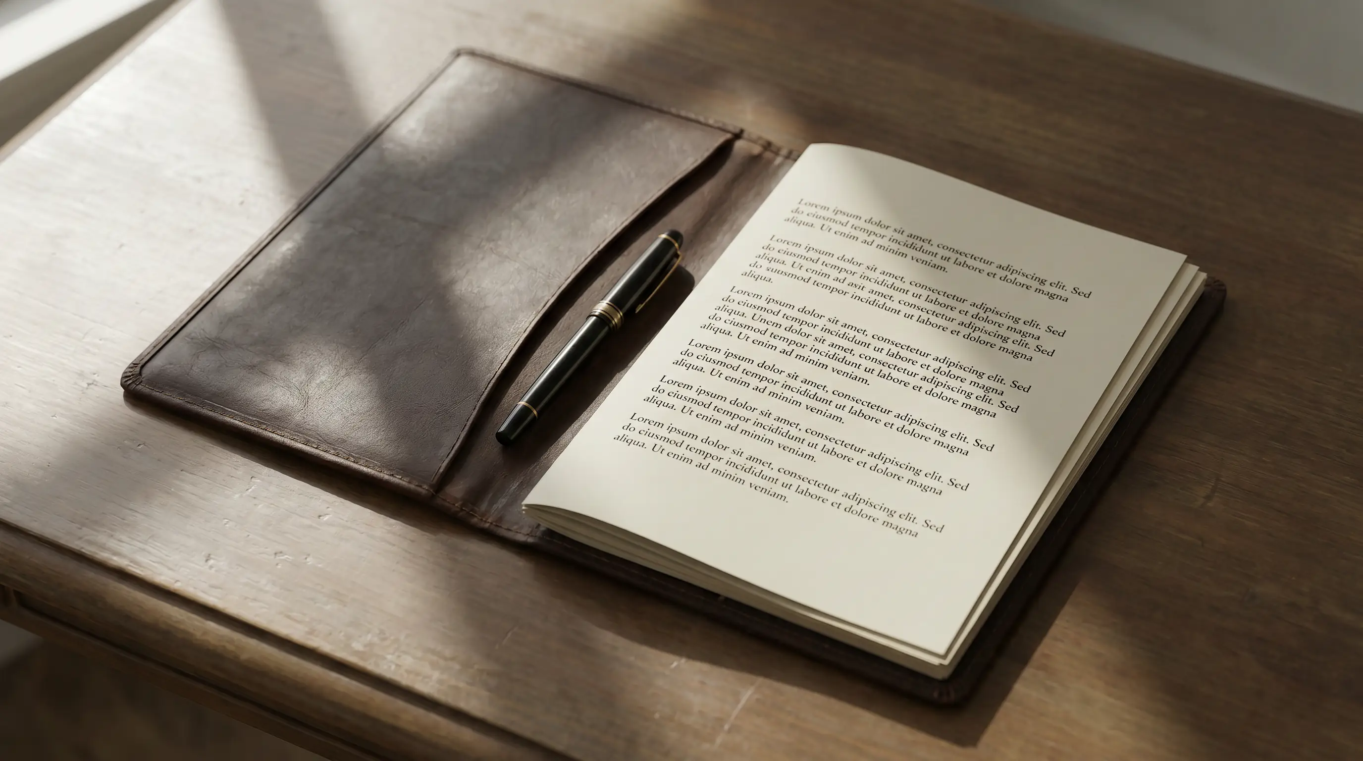 Open folder with regulatory compliance documents and a fountain pen on a desk