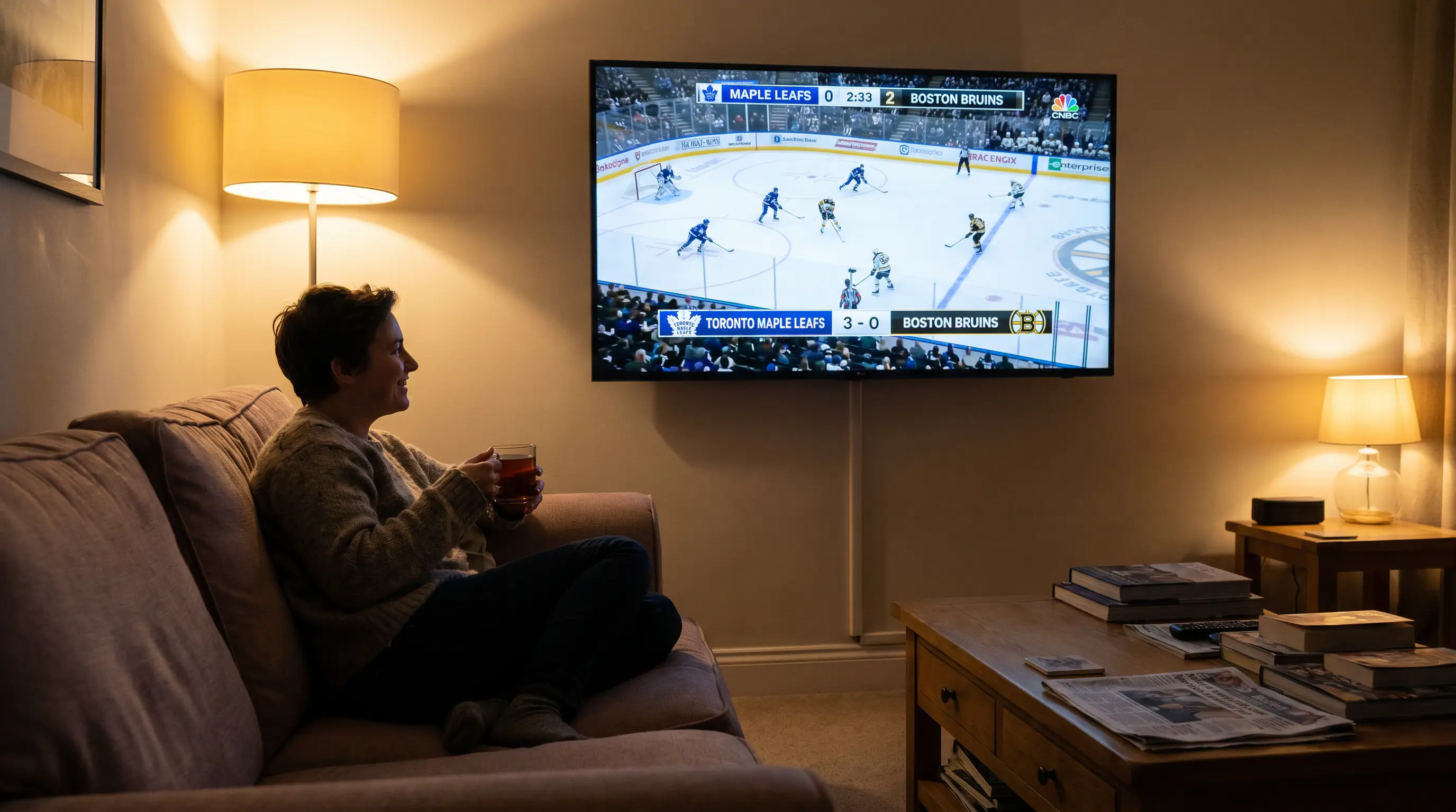 UK viewer watching an NHL game late at night on a living-room television
