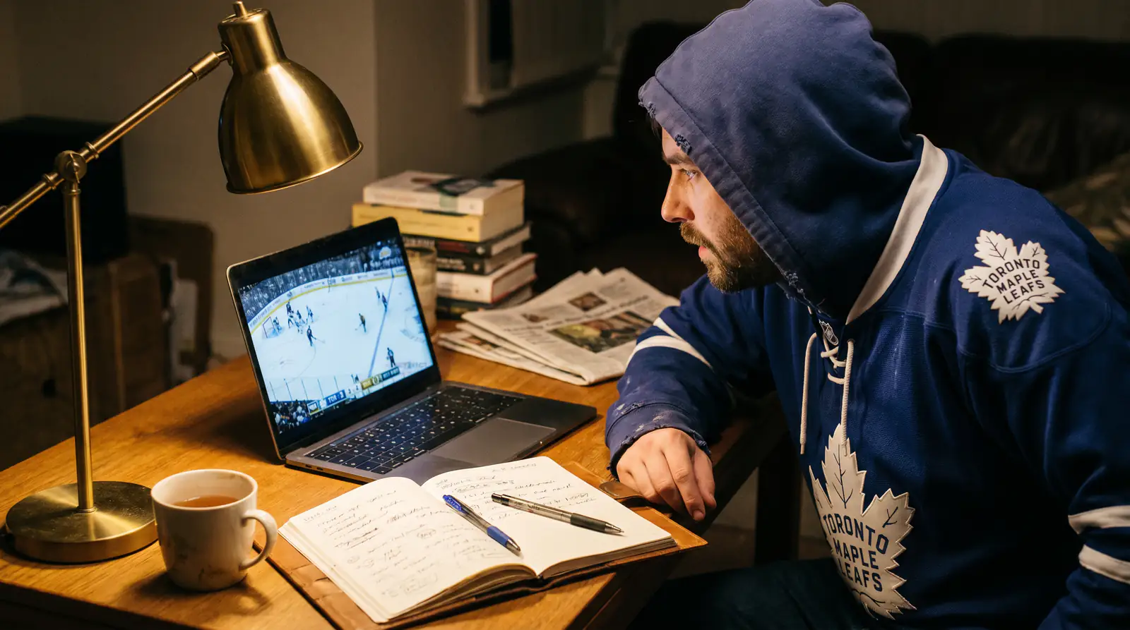 Late-night UK hockey fan watching an NHL game on a laptop