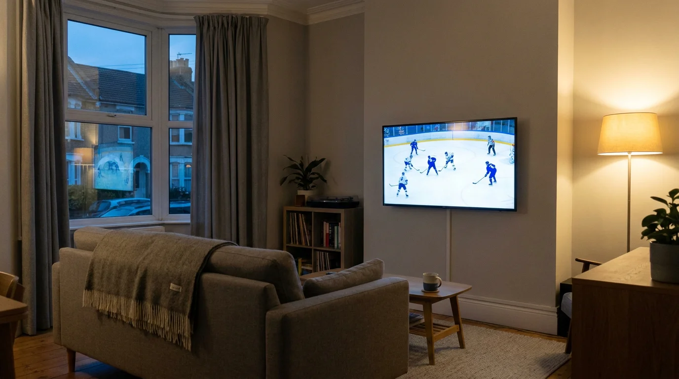 British living room with an NHL game on a wall-mounted television and a sofa in the foreground at evening