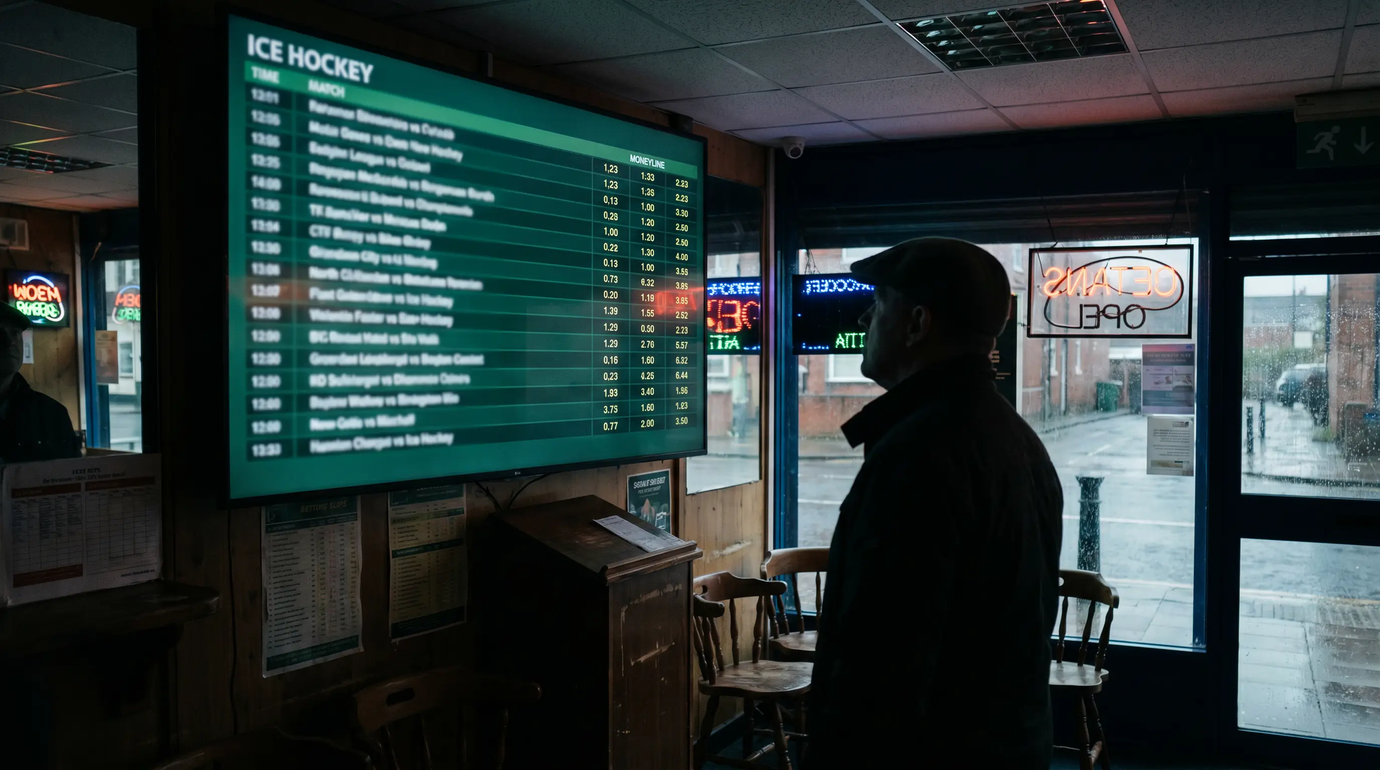 UK sportsbook display showing NHL moneyline odds for the evening slate