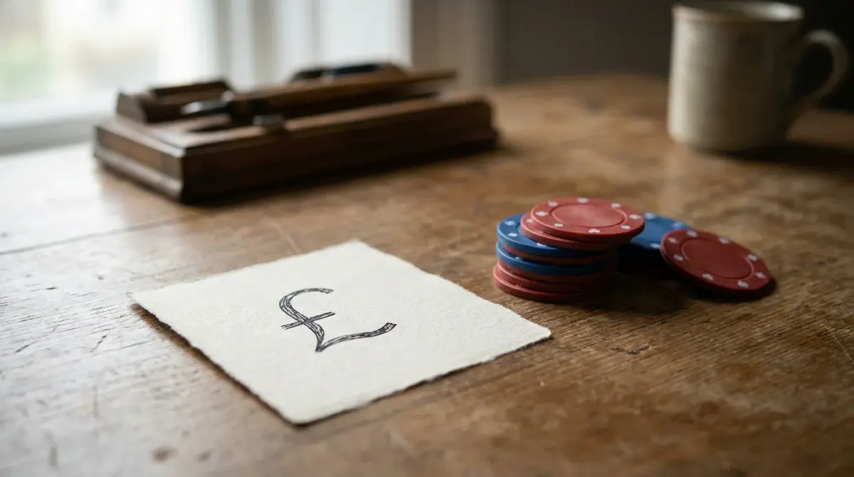Symbolic pound sign on a paper note beside a stack of poker-style betting tokens representing flat unit stakes