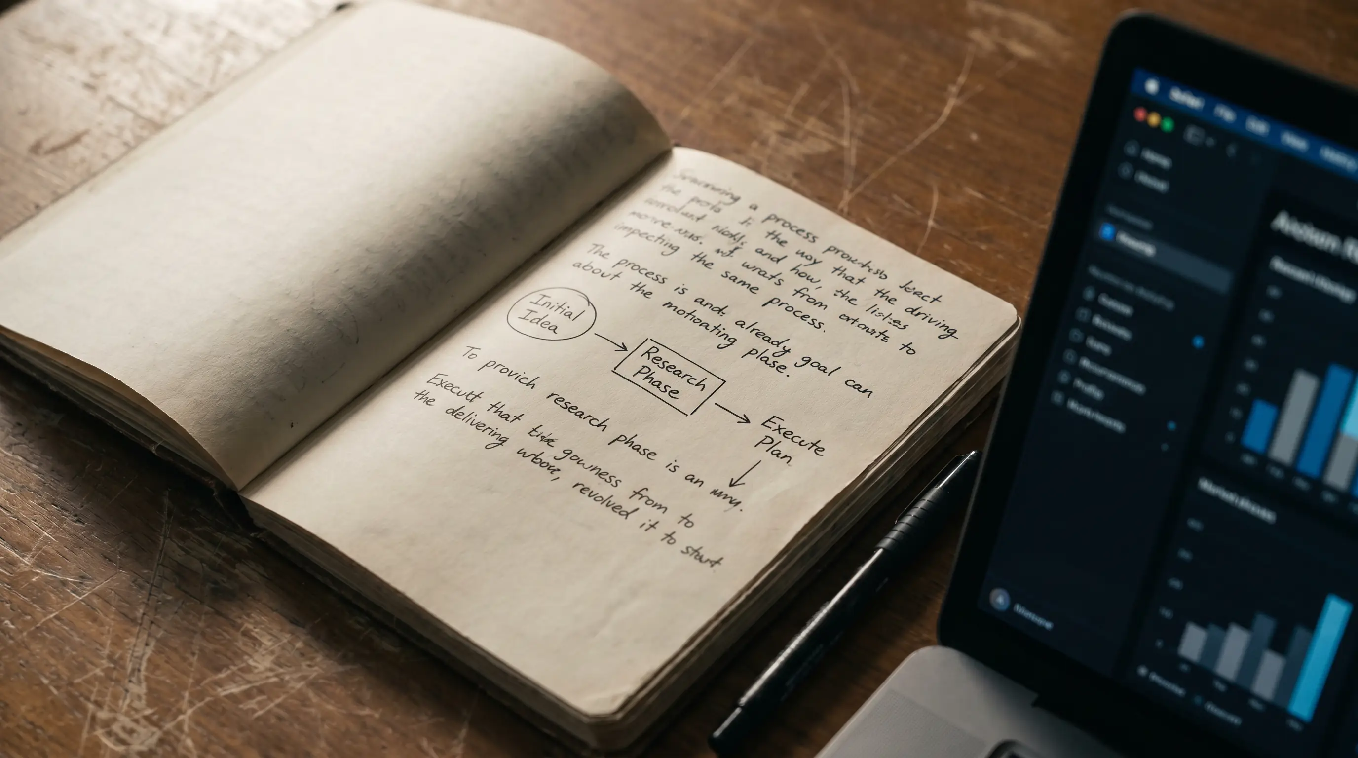 Notepad with handwritten value calculations beside an open laptop on a desk