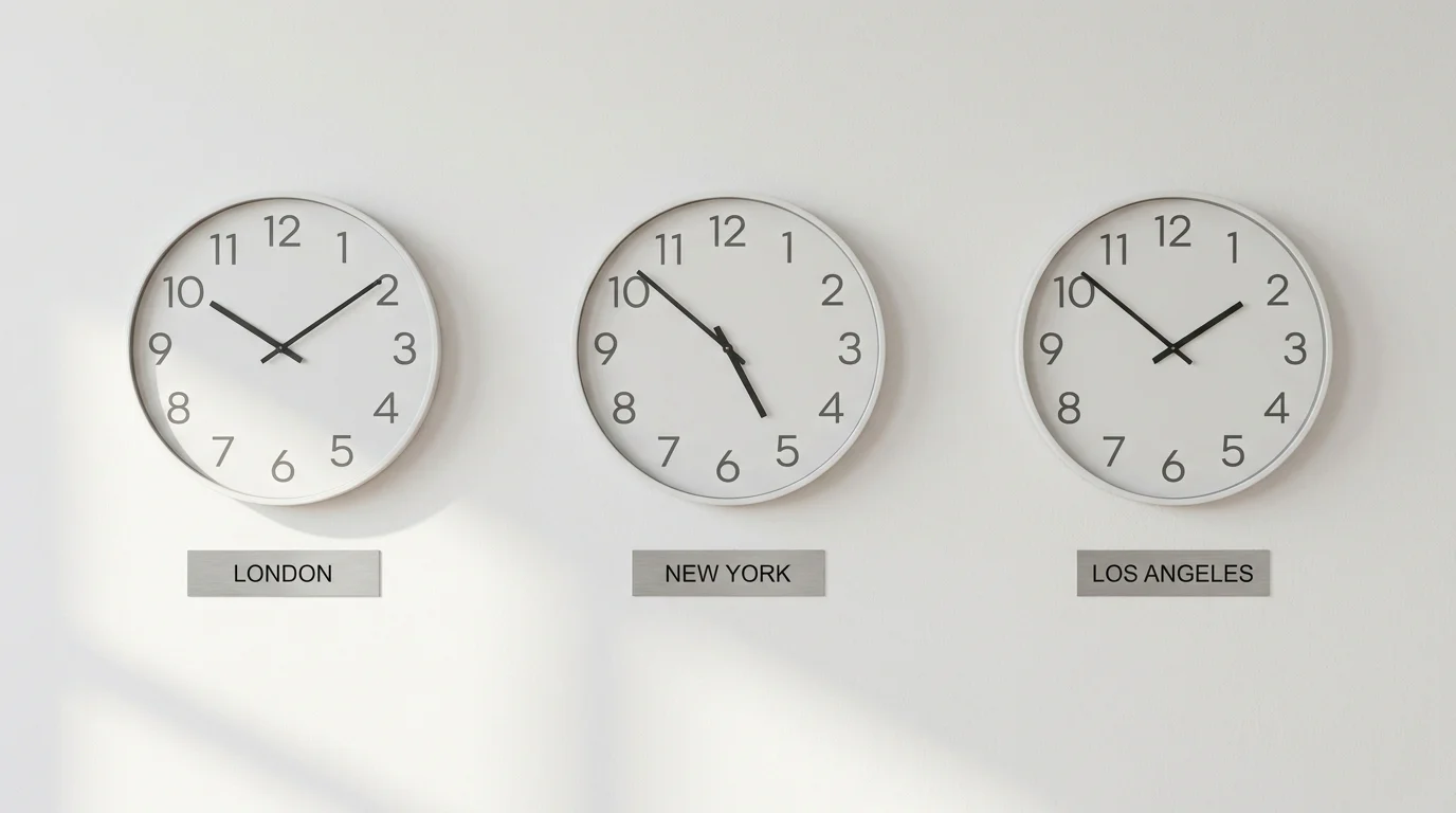 Three analog wall clocks showing different time zones on a clean office wall