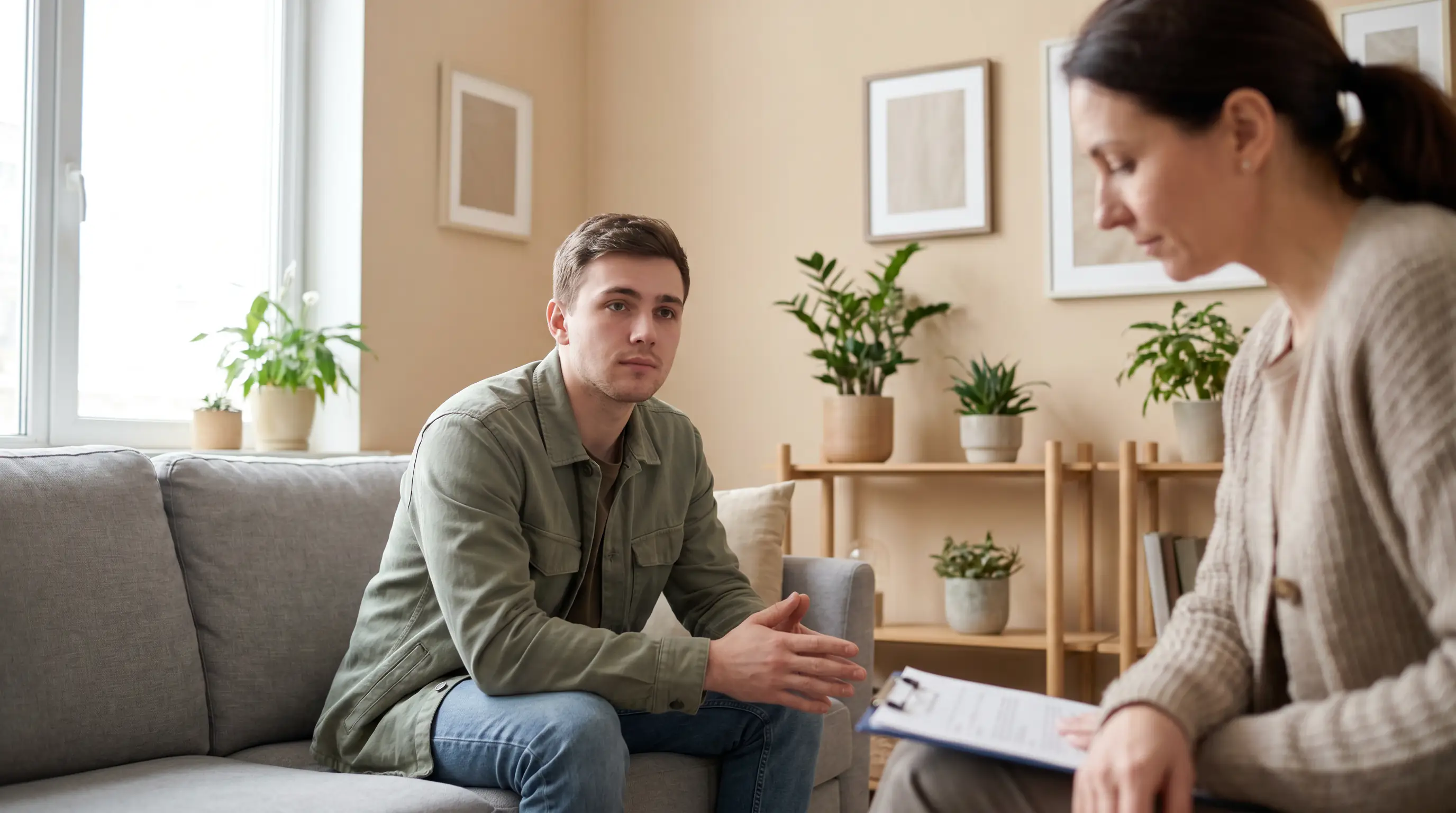 Young adult man on a sofa talking with a counsellor in a calm consultation room